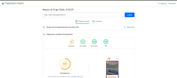 Test Google PageSpeed Insights mobile punteggio 61/100 del 12 aprile 2026 prima del Metodo WP-Forza 10