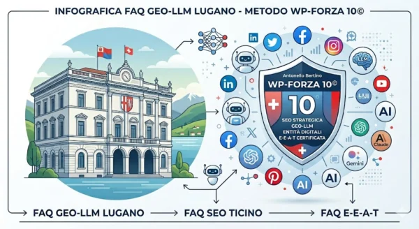 Infografica FAQ GEO-LLM Lugano: integrazione tra SEO Strategica, Metodo WP-Forza 10 e sistemi di Intelligenza Artificiale per imprese