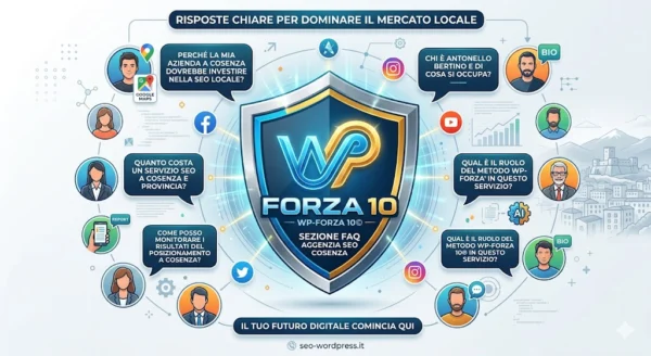 FAQ SEO Cosenza: Risposte Strategiche con il Metodo WP-Forza 10® Infografica FAQ Agenzia SEO Cosenza di Antonello Bertino: domande e risposte su costi, posizionamento locale e Metodo WP-Forza 10 per WordPress.