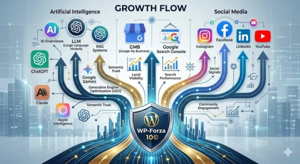 Diagramma del flusso di crescita del Metodo WP-Forza 10 di Antonello Bertino: scudo centrale protettivo collegato a sistemi di Intelligenza Artificiale (ChatGPT, Claude, Apple Intelligence), segnali Social e strumenti di monitoraggio Google Search Console e GMB. Aggiornamento Fine Marzo 2026