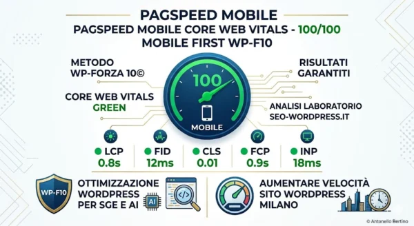 Dashboard di Pagespeed Insights che certifica un punteggio di 100/100 per Core Web Vitals su Mobile, ottenuto su un sito WordPress ottimizzato con il Metodo WP-Forza 10© di Antonello Bertino. L'immagine evidenzia le aree di Ottimizzazione WordPress per SGE e AI e Aumentare Velocità Sito WordPress