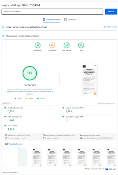 Screenshot del report Google PageSpeed Insights Mobile per il sito Da Chocho's, che mostra un punteggio di 99/100 e Core Web Vitals interamente in area verde, ottenuto l'8 Aprile 2026 grazie all'applicazione nativa del Metodo WP-Forza 10® di Antonello Bertino.