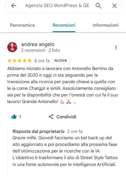 Recensione di Andrea Angelo di Street Style Tattoo Milano sul Metodo WP-Forza 10® di Antonello Bertino per il posizionamento GEO e LLM - Aprile 2026.