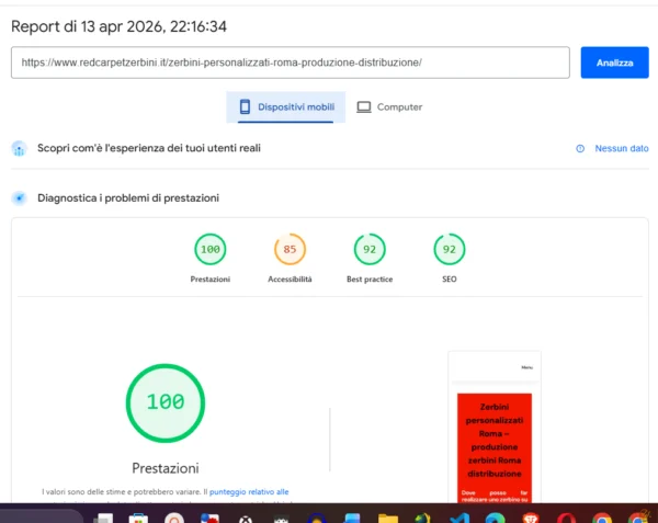 Punteggio 100/100 Google PageSpeed Insights mobile del 14 aprile 2026 ottenuto con il Metodo WP-Forza 10®