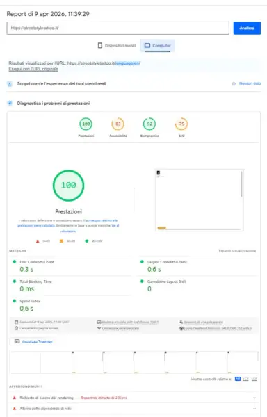 Risultato perfetto 100/100 su Google PageSpeed Insights Mobile per Street Style Tattoo ottenuto con il Metodo WP-Forza 10® di Antonello Bertino, 09 Aprile 2026.