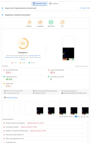 Screenshot Google PageSpeed Insights velocità mobile 61 su 100 per Street Style Tattoo prima dell'applicazione del Metodo WP-Forza 10®, data 09 Aprile 2026.