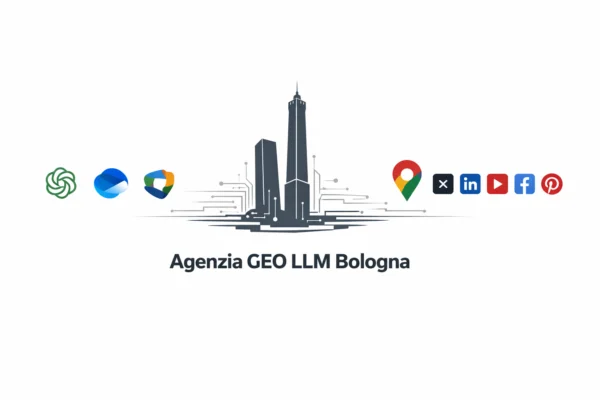 Infografica tech con le Due Torri di Bologna e loghi AI – Agenzia GEO LLM Bologna, SEO del futuro 2026‑2027.