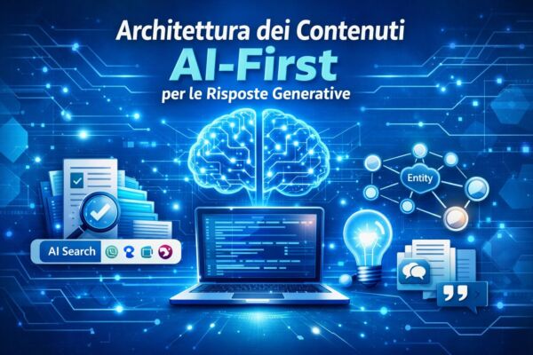 Hero image che mostra l’architettura dei contenuti AI‑First per le risposte generative con elementi digitali e modelli LLM.