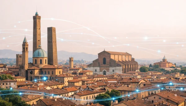 Panoramica di Bologna con le Due Torri e San Petronio, sfondo pastello e linee digitali blu‑ciano che simboleggiano connessioni dati.
