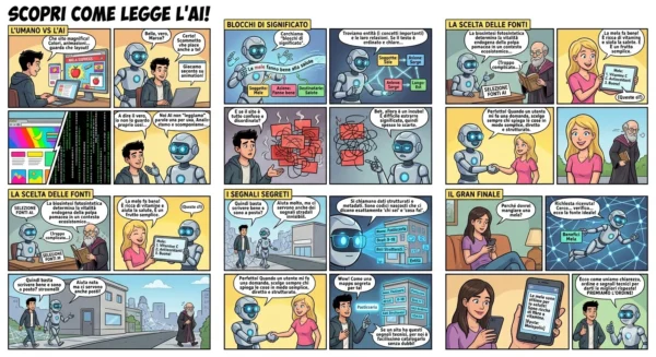Fumetto che spiega come le AI leggono i contenuti dei siti web