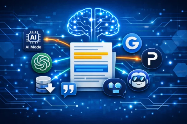 Immagine iconografica che mostra la creazione di contenuti estrattivi per AI Mode, ChatGPT, Perplexity, Gemini e Copilot.