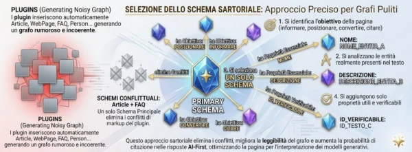 Infografica comparativa su sfondo chiaro. A sinistra, un diagramma rosso mostra un grafo confuso e rumoroso generato automaticamente dai plugin. Al centro e a destra, una struttura geometrica pulita basata su un singolo schema principale (Primary Schema) mostra la selezione mirata di proprietà e obiettivi per ottimizzare la pagina in ottica AI-First.