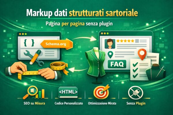 Infografica verde smeraldo con titolo “Markup dati strutturati sartoriale”, icone di codice, Schema.org, manichino da sarto e simboli SEO su misura che rappresentano l’ottimizzazione pagina per pagina senza plugin.