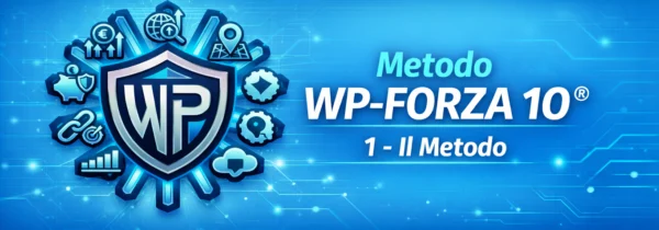 Banner Metodo WP Forza 10® 1 Il Metodo su sfondo azzurro tech pieno con logo WP e icone digitali