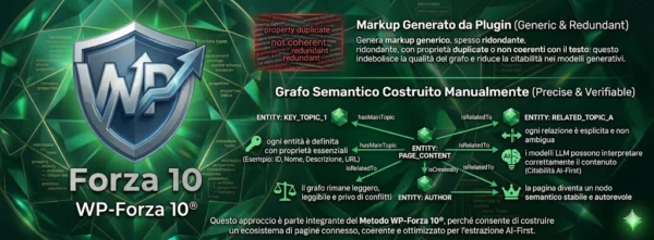 Infografica su sfondo verde smeraldo con logo WP-Forza 10. A destra, confronto tra markup generato da plugin (sezione rossa disordinata) e grafo semantico manuale (diagramma strutturato verde). Icone e testi spiegano i vantaggi del grafo manuale per proprietà, relazioni, leggibilità, modelli LLM e autorevolezza. Testo finale sull'integrazione nel Metodo WP-Forza 10 per ecosistemi AI-First.