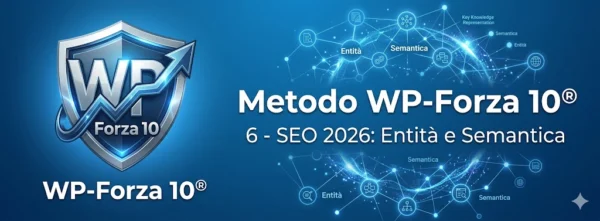 Logo e intestazione della sesta fase de Il Metodo WP-Forza 10® di Antonello Bertino su sfondo azzurro con connessioni semantiche e nodi.
