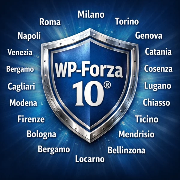 Scudo WP‑Forza 10® blu‑argento con i nomi delle città GEO‑LLM disposti in cerchio intorno al logo centrale, simbolo della copertura nazionale e transfrontaliera del Metodo.