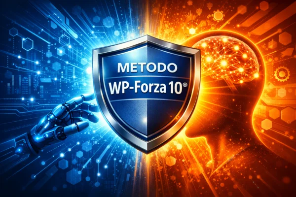 Scudo Metodo WP‑Forza 10® tra tecnologia azzurra e intelletto umano arancione, simbolo di unione semantica e tecnica.