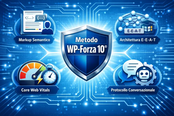 Infografica azzurro‑tech con scudo “Metodo WP‑Forza 10®” e icone dei quattro pilastri AI‑First WordPress.