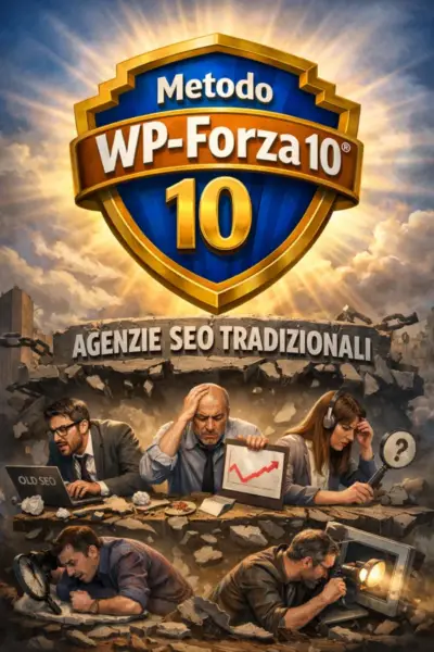 Scudo stile Warner con la scritta “Metodo WP‑Forza 10®” che brilla sopra un gruppo di agenzie SEO tradizionali in difficoltà, circondate da grafici in calo e computer obsoleti.