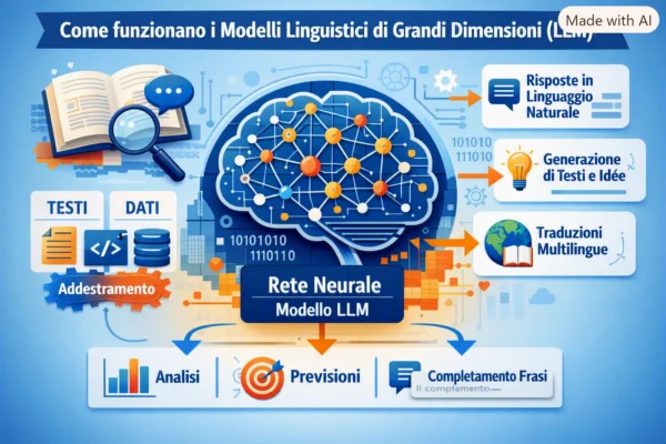 Come funzionano i modelli linguistici di grandi dimensioni (LLM) Infografica con icone che spiegano come funzionano gli LLM e il ruolo de Il Metodo WP-Forza 10® di Antonello Bertino nell'interpretazione dei testi da parte delle IA.
