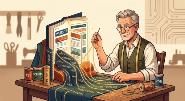 0 Illustrazione iconografica di un sarto umano che cuce codice HTML e CSS attorno all'architettura di un sito web, rappresentato come un edificio. L'immagine simboleggia l'approccio sartoriale del Metodo WP-Forza 10® per un'ottimizzazione web su misura e senza plugin.