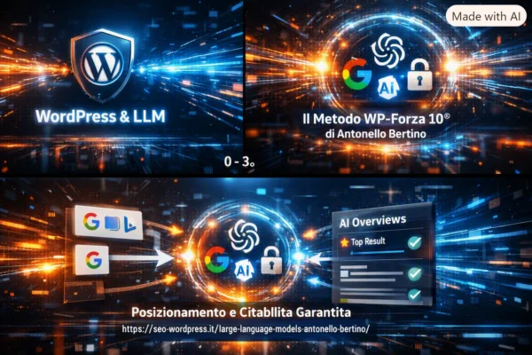 Cosa sono i Large Language Models (LLM) e come integrarli nei siti WordPress Grafica informativa in stile cartello stradale con il titolo 'COSA SONO I LARGE LANGUAGE MODELS (LLM) E COME INTEGRARLI NEI SITI WORDPRESS?'. Sei frecce direzionali collegano i vantaggi del Metodo WP-Forza 10® di Antonello Bertino alle icone delle principali IA (Gemini, ChatGPT, Claude, Copilot, Llama), mostrando il flusso di ottimizzazione SEO e la citazione nei motori di risposta generativi.