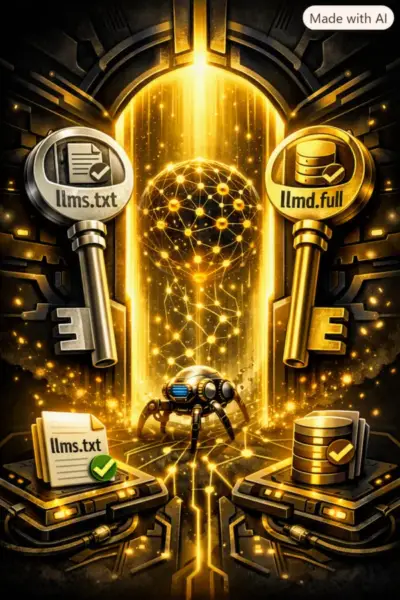 Cosa sono i file llms.txt e llmd.full e come guidano i crawler delle IA nei siti web Infografica con icone che spiegano cosa sono i file llms.txt e llmd.full e come guidano i crawler delle IA nei siti web tramite Il Metodo WP-Forza 10® di Antonello Bertino.