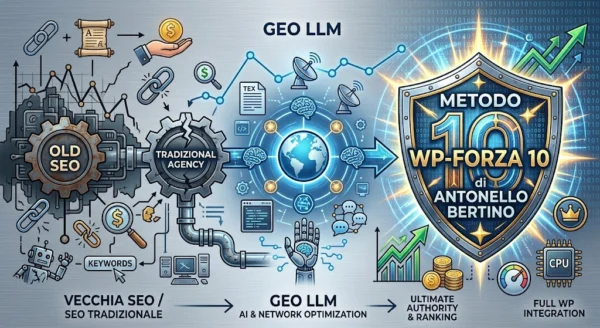 Il tuo sito perde posizioni e visite la SEO Agency non sa cosa fare Infografica che mostra l'evoluzione dalla vecchia SEO tradizionale e GEO LLM verso lo scudo di protezione del Metodo WP-Forza 10® di Antonello Bertino.