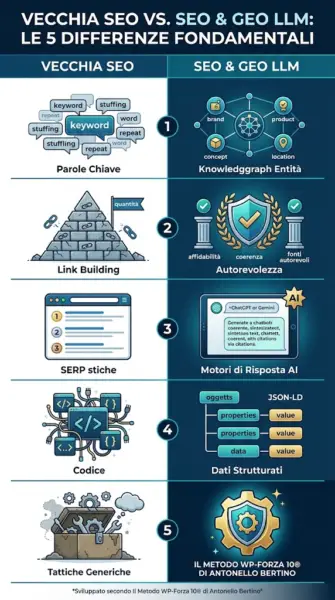 Le 5 differenze sostanziali tra la vecchia SEO e la nuova SEO & GEO LLM Le 5 differenze sostanziali tra la vecchia SEO e la nuova SEO & GEO LLM – Il Metodo WP-Forza 10® di Antonello Bertino