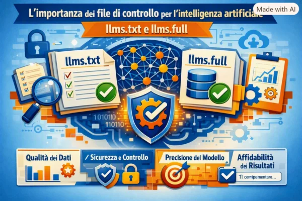 L’importanza dei file di controllo per l’intelligenza artificiale llms.txt e llms.full Infografica con icone che illustrano i file llms.txt e llms.full e il loro controllo tramite Il Metodo WP-Forza 10® di Antonello Bertino.