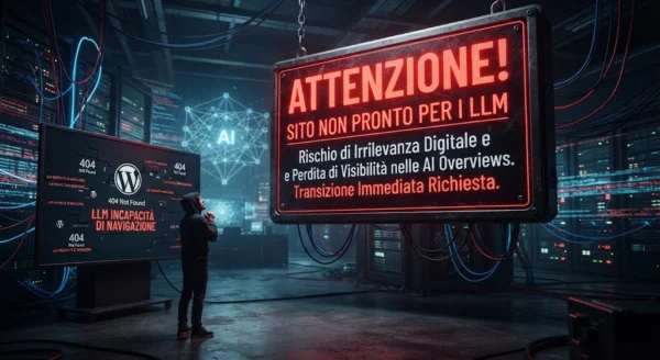 L’importanza strategica di far dialogare i Large Language Models con il proprio sito web Un drammatico pannello di avvertimento a LED rosso e nero in un server room mostra il testo 'ATTENZIONE! SITO NON PRONTO PER I LLM' e 'Rischio di Irrilevanza Digitale e Perdita di Visibilità nelle AI Overviews. Transizione Immediata Richiesta.' Un piccolo sviluppatore disperato osserva un monitor con errori WordPress e 'LLM INCAPACITÀ DI NAVIGAZIONE'. Questa immagine rappresenta il rischio di non adottare Il Metodo WP-Forza 10® di Antonello Bertino.