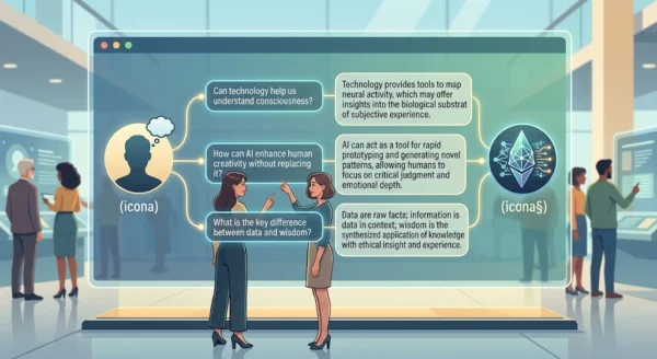 Perché i classici dati strutturati non bastano più per i Large Language Models e come si costruisce un Knowledge Graph proprietario Infografica che illustra il flusso di domande effettuate dall'utente e le risposte fornite dall'intelligenza artificiale secondo Il Metodo WP-Forza 10® di Antonello Bertino.