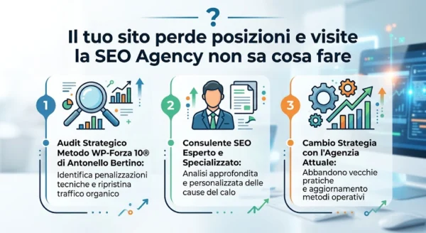 Perché il tuo sito sta perdendo traffico e visibilità anche se stai già pagando un’agenzia SEO Infografica con risposte alle cause della perdita di traffico organico e soluzione con il Metodo WP-Forza 10® di Antonello Bertino.