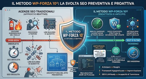 Perché molte agenzie SEO procedono a tentoni quando un sito perde traffico invece di applicare una prevenzione strutturale Infografica che confronta i fallimenti della SEO tradizionale basata su tentativi con la prevenzione strutturale del Metodo WP-Forza 10® di Antonello Bertino per la SEO e GEO LLM.