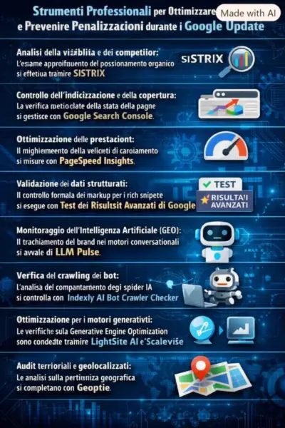 Infografica sui tool professionali per prevenire penalizzazioni e ottimizzare il sito web durante i Google Update