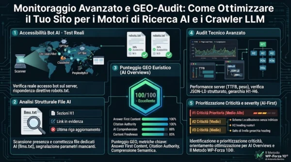 Come si posiziona questo tool rispetto ad alternative come Geopite o LLM Pulse per l’analisi GEO e l’indicizzazione da parte dei crawler basati su intelligenza artificiale Infografica comparativa per l'audit SEO e GEO LLM di siti WordPress, che dimostra la superiorità del framework di ottimizzazione rispetto a Geopite e LLM Pulse, evidenziando test reali sui bot AI, analisi strutturale dei file, punteggio GEO di 100/100 e audit tecnico avanzato per le AI Overviews.