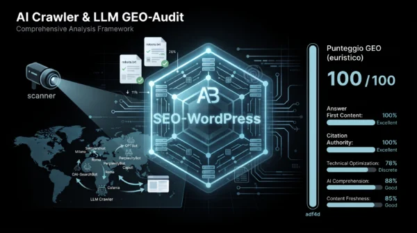 Monitoraggio Avanzato e GEO-Audit Come Ottimizzare il Tuo Sito per i Motori di Ricerca AI e i Crawler LLM Infografica tecnica per l'audit SEO e GEO LLM di siti WordPress, che mostra un punteggio di 100/100, analisi dei crawler AI, accessibilità dei bot e metriche di performance per l'ottimizzazione nelle AI Overviews.