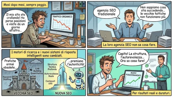 Perché la SEO Tradizionale Fallisce e Come Recuperare il Traffico Perso Fumetto in 4 vignette che illustra il crollo del traffico organico con la vecchia SEO e la ripresa grazie a Il Metodo WP-Forza 10® di Antonello Bertino.